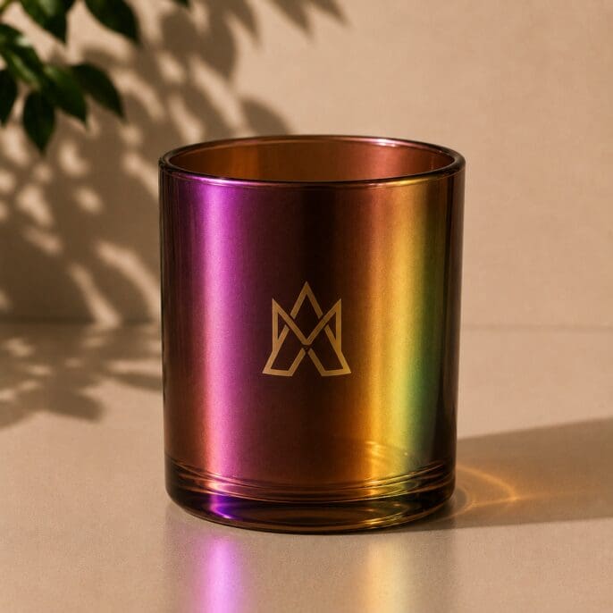 Iridescent glass candle jar with gold geometric logo, featuring holographic pink and gold gradient finish on beige background with leaf shadows