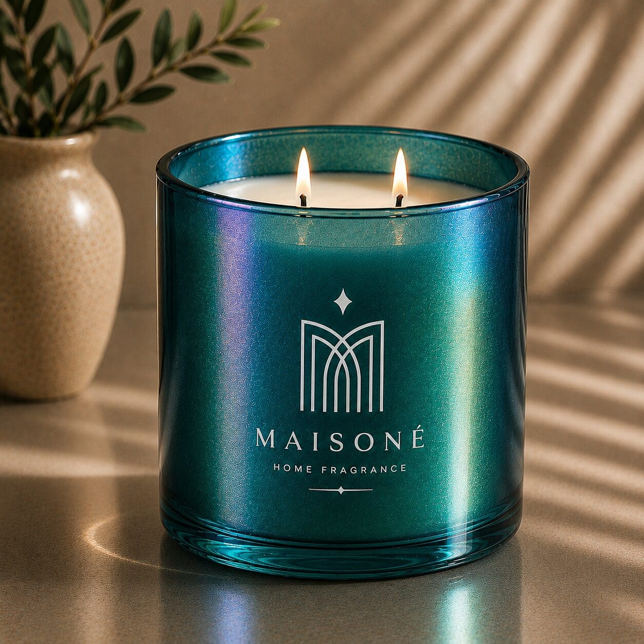 Teal glass candle jar with white logo and "Maisé Home Fragrance" text, two lit wicks, beside a beige vase with greenery