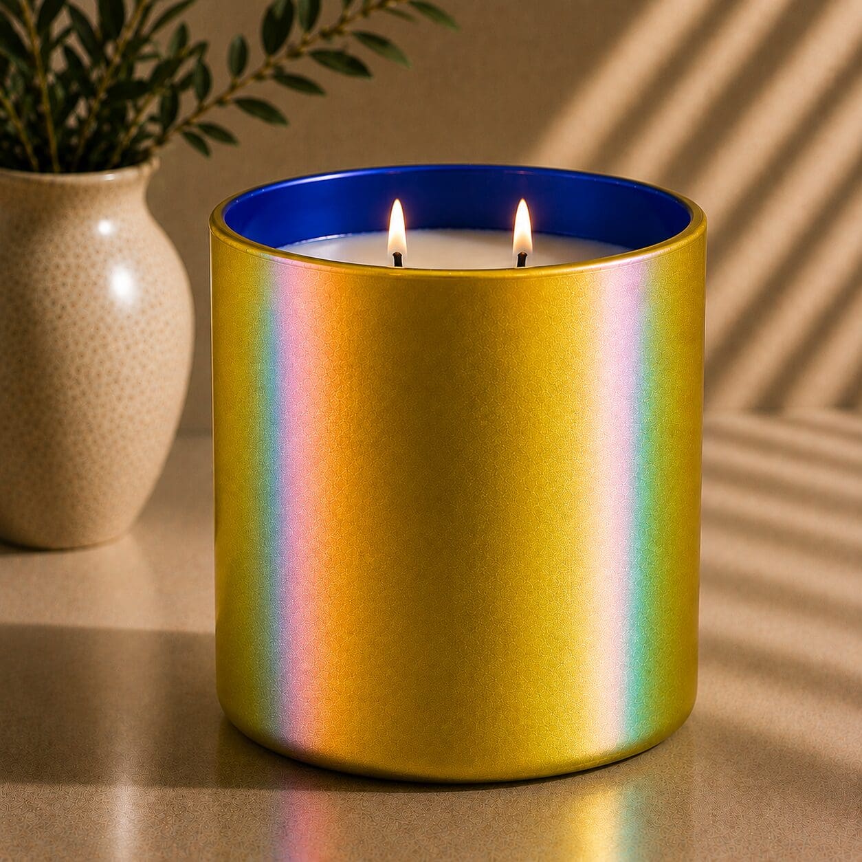 Metallic gold cylindrical candle jar with blue interior and two lit wicks, beside a cream textured vase with greenery, casting striped shadows on a neutral surface