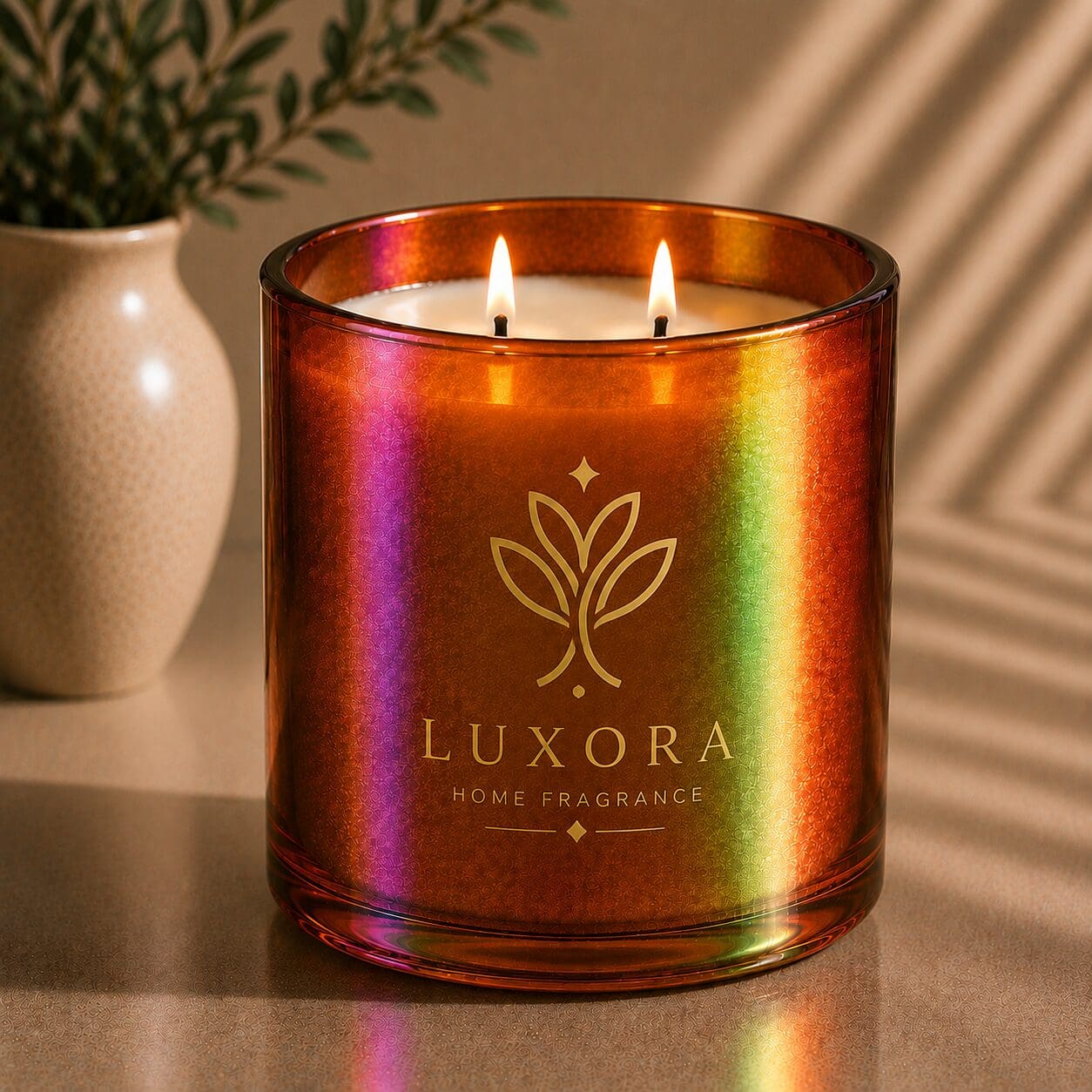 Luxora amber glass candle with dual flames and gold lotus logo design, displayed on neutral surface with potted plant and window shadows