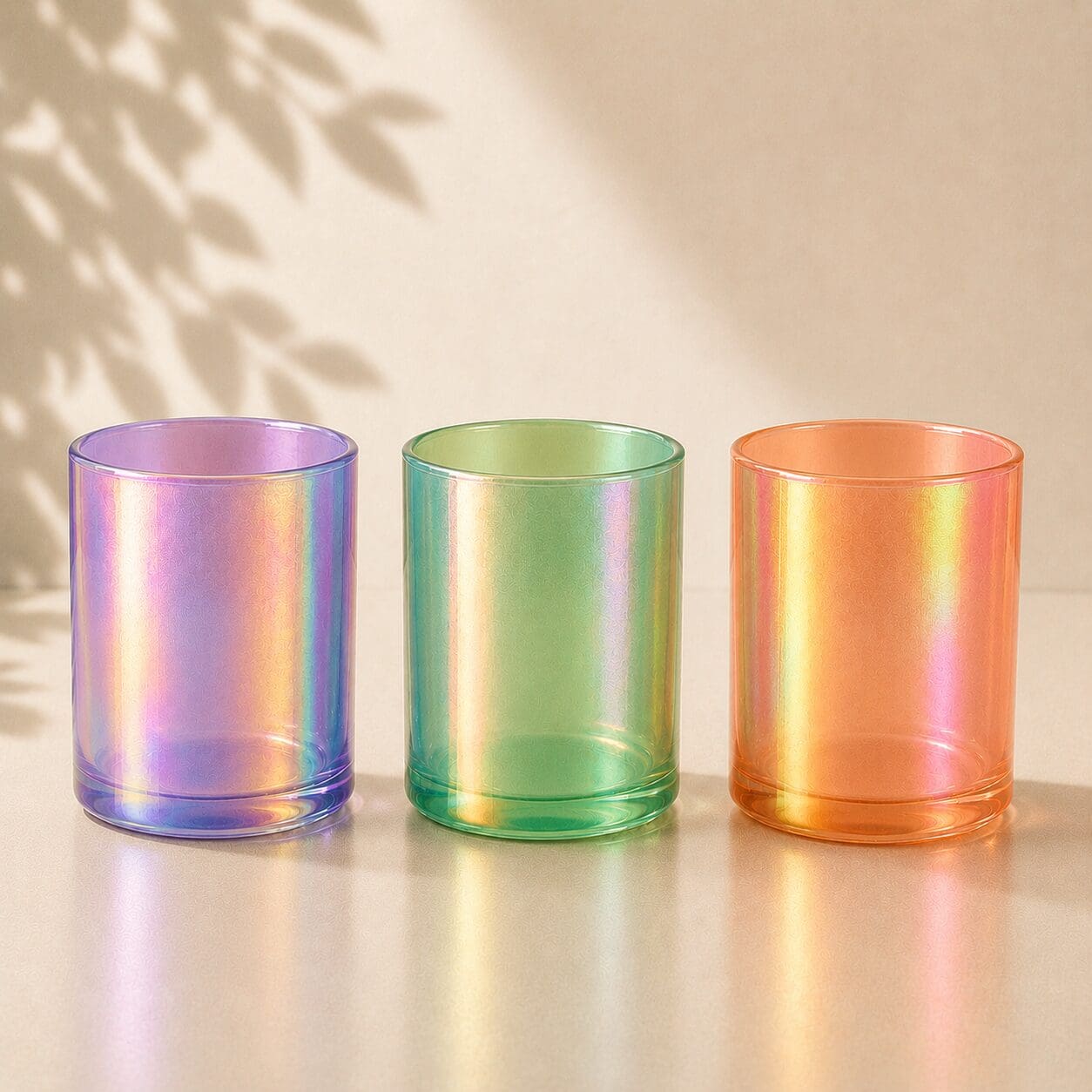 Three iridescent glass cylinders in purple, green, and orange with holographic rainbow finishes, displayed on a light surface with soft leaf shadows
