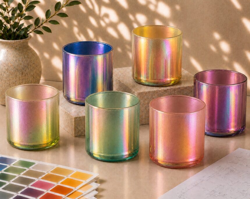 Six iridescent glass containers with holographic finishes arranged on a beige surface, displaying multicolor reflections in pink, purple, gold, and green tones, alongside color swatches and a potted plant