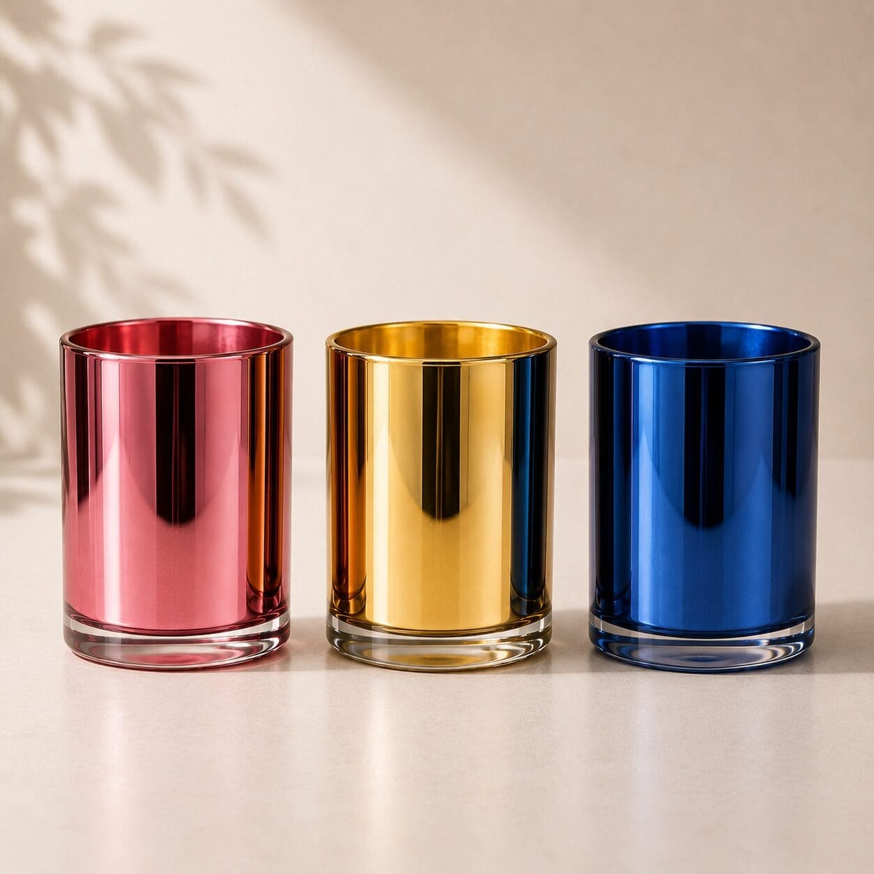 Three metallic glass jars with red, gold, and blue mirrored finishes arranged in a row on a white surface with leaf shadow backdrop