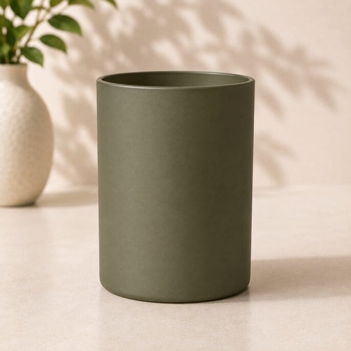 Matte sage green ceramic cylinder vase on beige surface with potted plant and white background, suitable for candle filling or decorative purposes