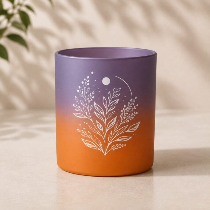 Purple to orange ombre glass jar with white botanical leaf design and moon motif, displayed on neutral surface with plant shadow overlay