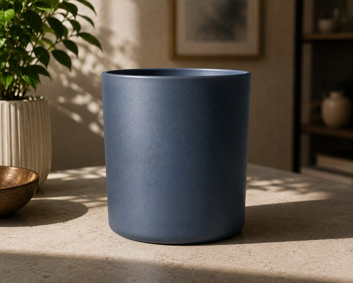 Blue matte cylindrical container displayed on a stone surface with green plant and decorative bowl nearby in a sunlit interior space