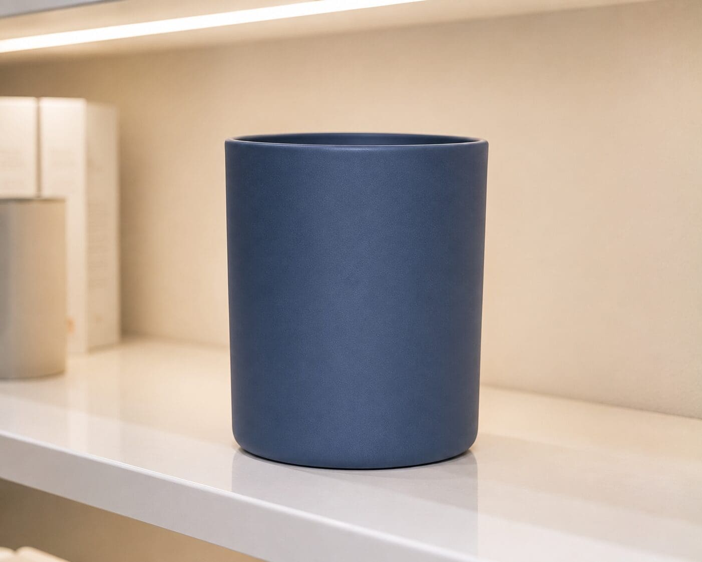 Dark blue ceramic cylindrical container on white shelf in minimalist interior setting