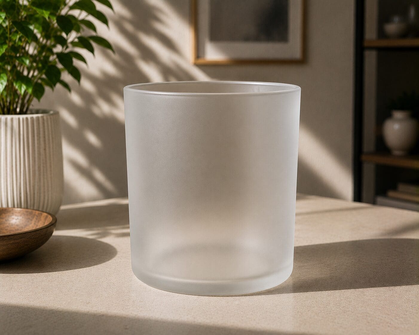 Frosted glass cylinder jar displayed on neutral surface with potted plant and wooden bowl, ideal for candle or decorative product customization