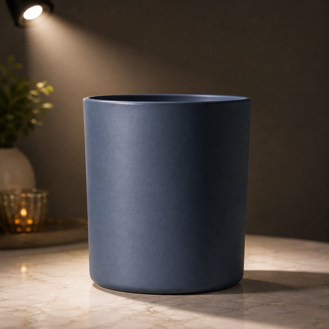 Blue matte cylindrical container on marble surface with ambient lighting and decorative plant in background