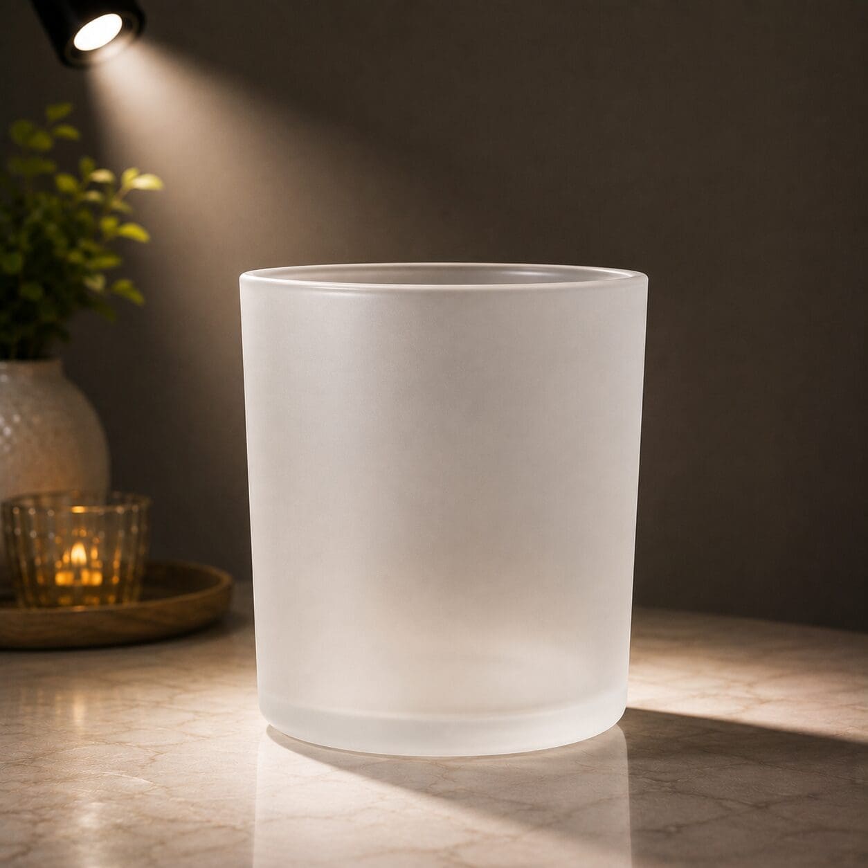 Frosted glass cylinder jar displayed on marble surface with spotlit background, suitable for candle jar decorating and custom glass screen printing projects
