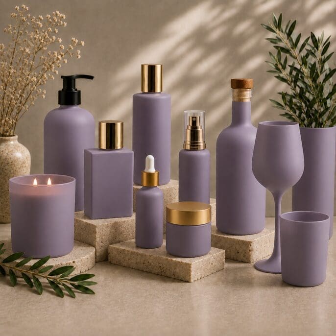 Luxurious spa and beauty product collection featuring purple glass bottles and jars with gold accents, arranged on cork bases with dried flowers and greenery