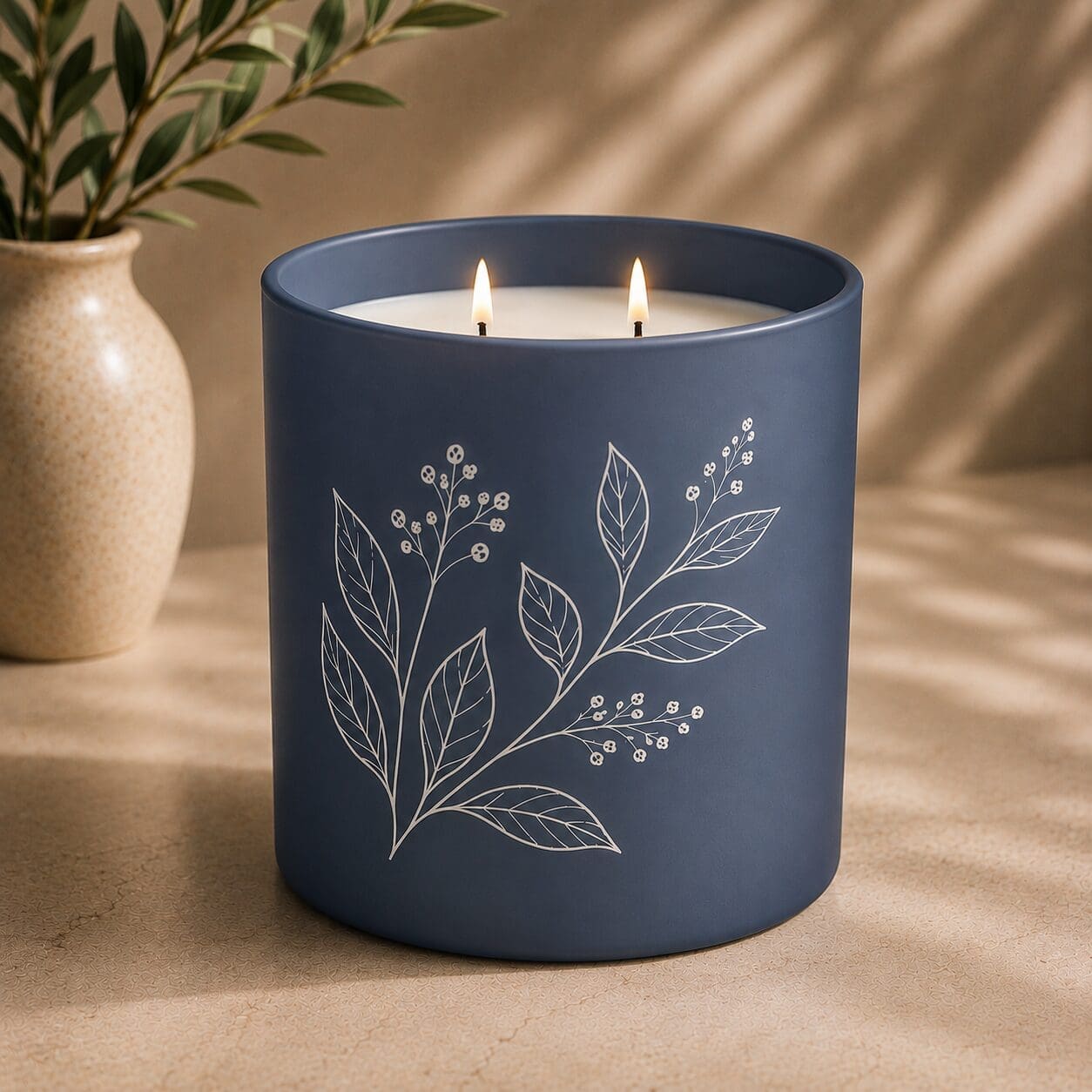 Navy blue scented candle with dual wicks and white botanical leaf design, displayed beside a cream ceramic vase with green plant on neutral background