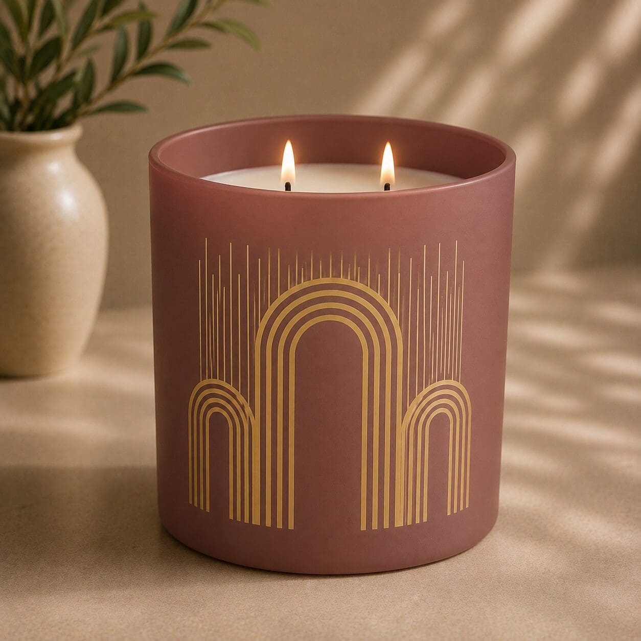 Mauve scented candle with two lit wicks and gold art deco arch design, displayed on neutral surface with potted plant and window light