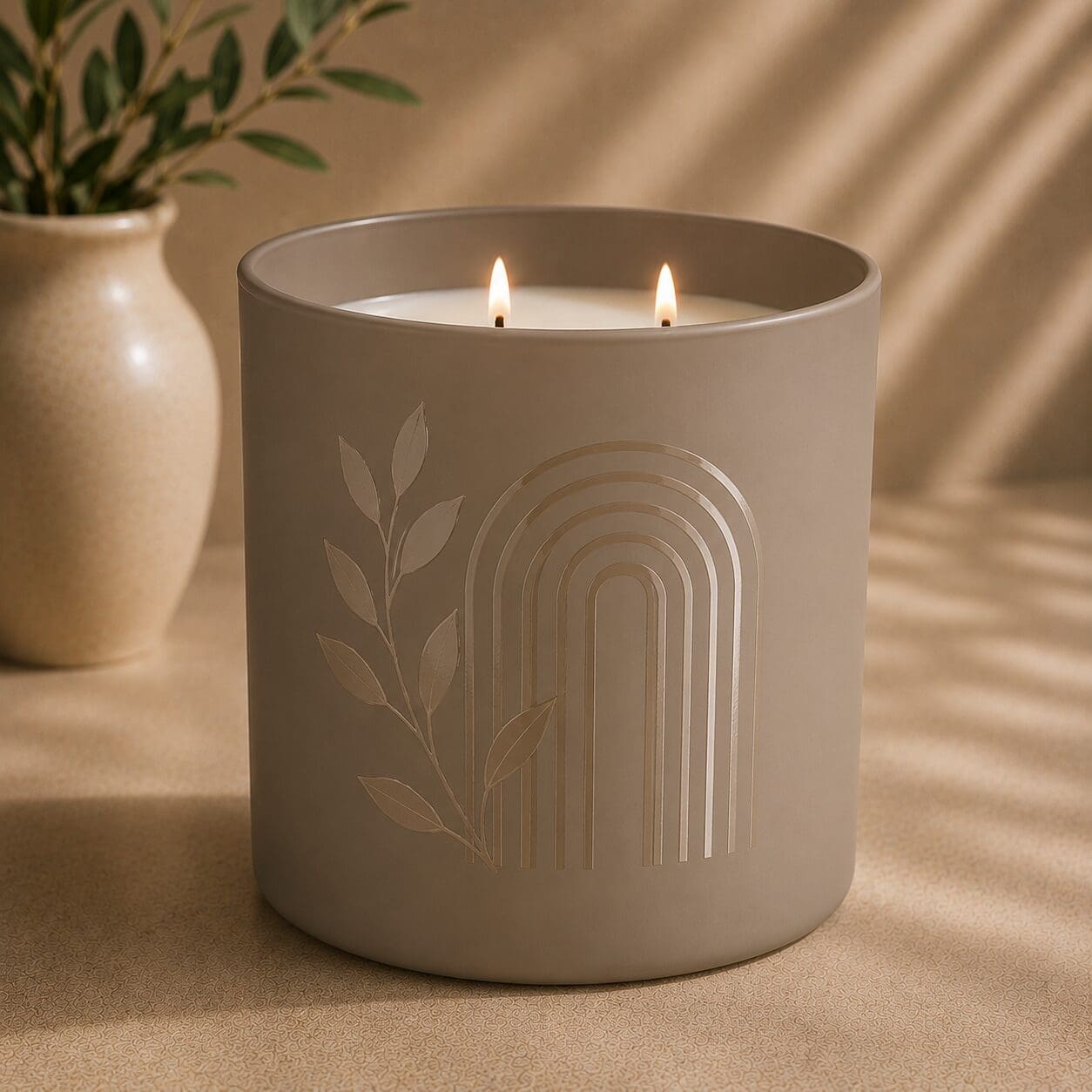 Cream ceramic two-wick candle with etched botanical and geometric arc designs, displayed on beige surface next to potted plant