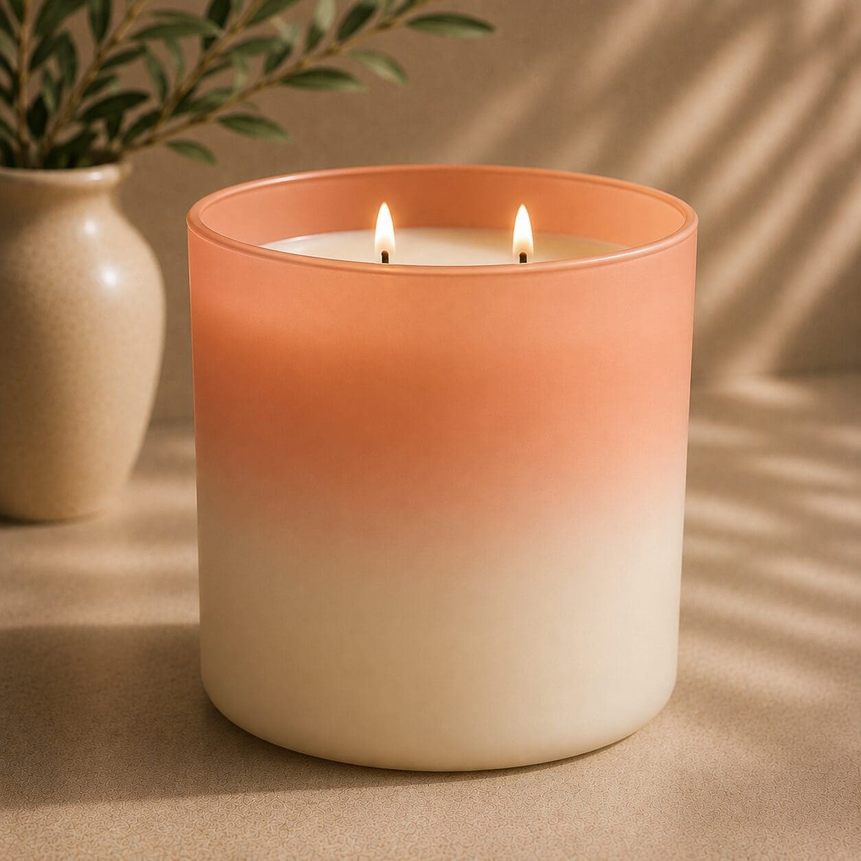 Two-wick candle in ombre glass jar transitioning from coral top to cream bottom, displayed with potted plant and neutral home decor
