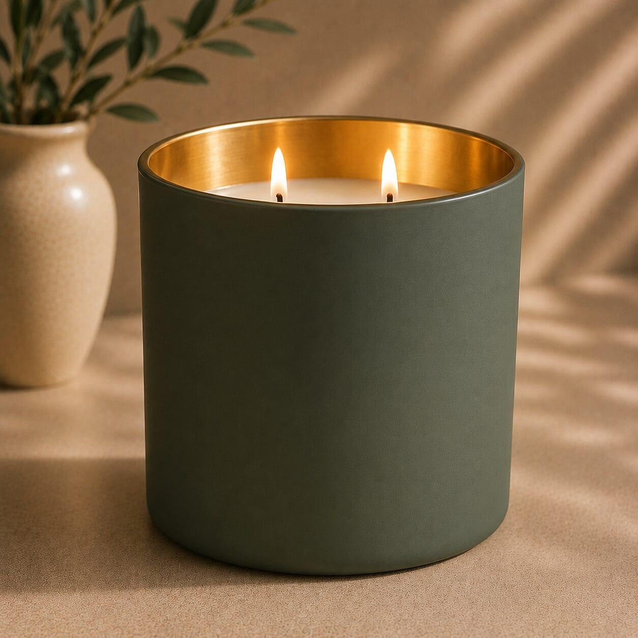 Sage green cylindrical candle with gold interior and two lit wicks, displayed on neutral surface next to cream vase with greenery