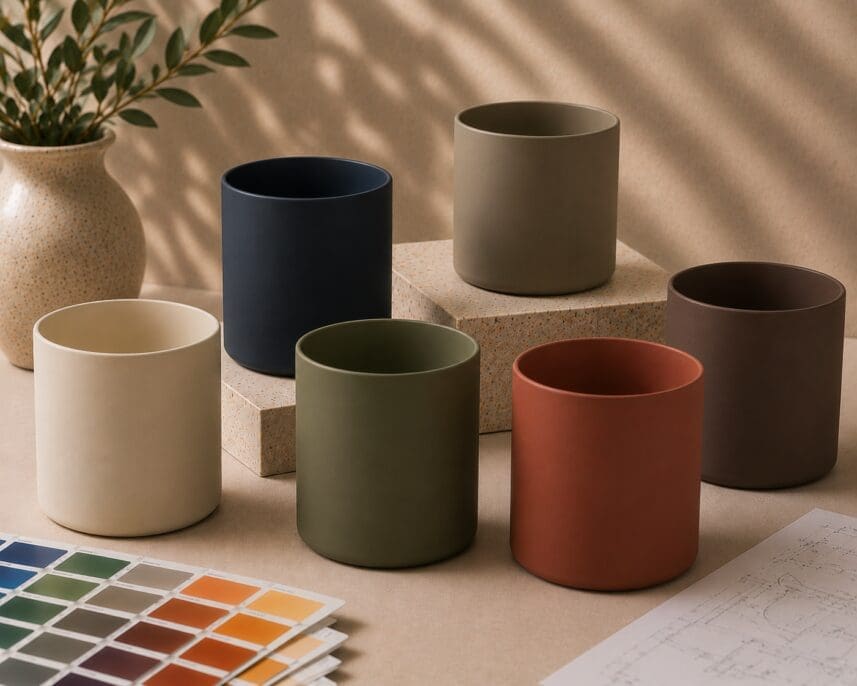 Six cylindrical ceramic vessels in cream, navy, olive, terracotta, taupe, and chocolate displayed on textured blocks with a color swatch palette and design sketches nearby