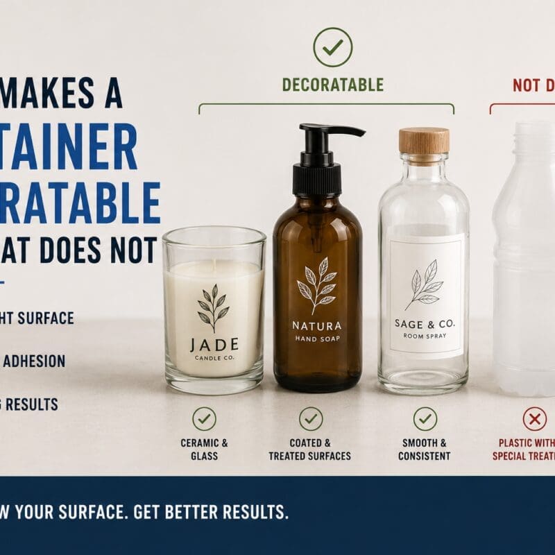 Guide showing decoratable vs non-decoratable containers for glass screen printing, featuring ceramic candle jars, coated glass bottles, and plastic containers with examples of suitable surfaces for custom decoration