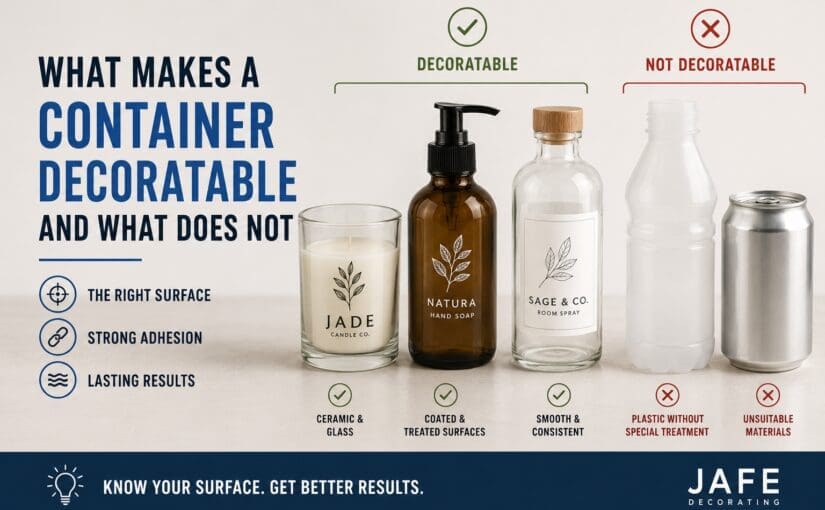 Guide showing decoratable vs non-decoratable containers for glass screen printing, featuring ceramic candle jars, coated glass bottles, and plastic containers with examples of suitable surfaces for custom decoration