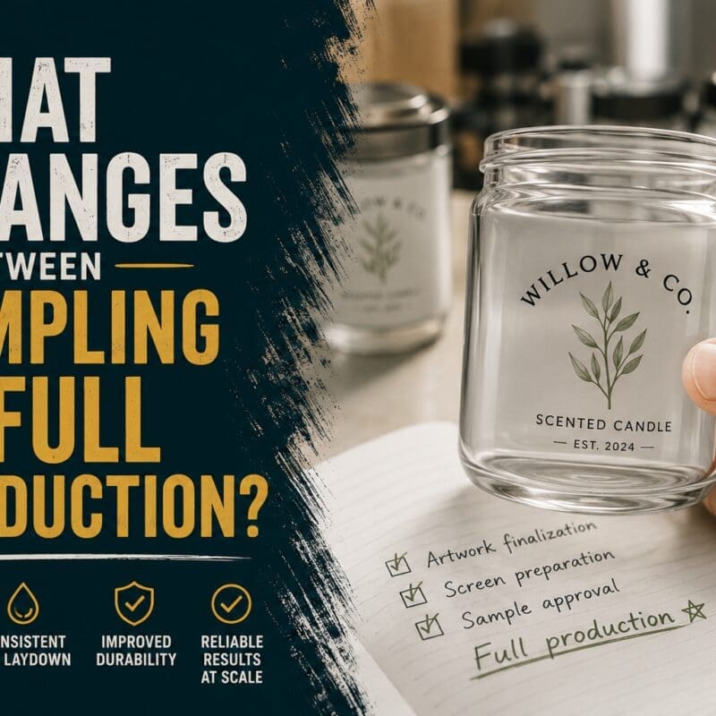 Hand holding a Willow & Co scented candle jar with a checklist showing artwork finalization, screen preparation, sample approval, and full production stages, alongside text listing tighter alignment, consistent ink laydown, improved durability, and reliable results at scale