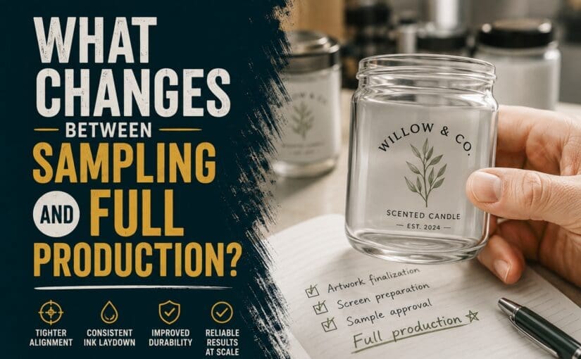 Hand holding a Willow & Co scented candle jar with a checklist showing artwork finalization, screen preparation, sample approval, and full production stages, alongside text listing tighter alignment, consistent ink laydown, improved durability, and reliable results at scale