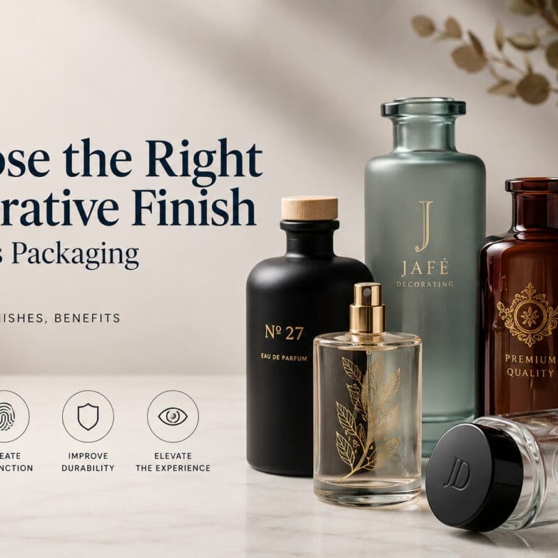 Luxurious glass bottles and jars with decorative finishes including gold leaf, screen printing, and custom labels showcasing brand enhancement through glass decorating and packaging solutions