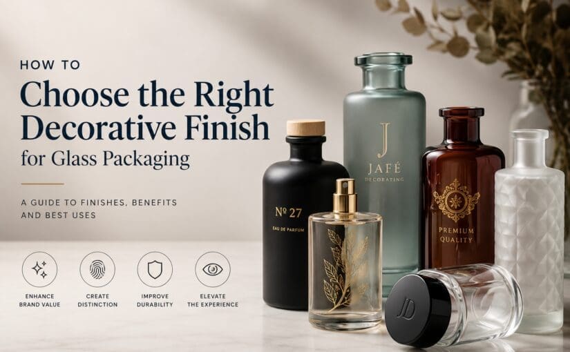 Luxurious glass bottles and jars with decorative finishes including gold leaf, screen printing, and custom labels showcasing brand enhancement through glass decorating and packaging solutions
