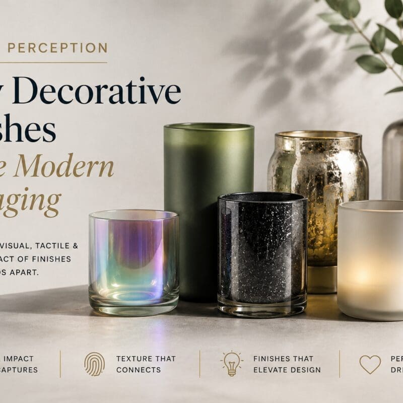 Collection of decorated glass containers and candle jars displaying various finishes including holographic, matte, speckled, and frosted surfaces with eucalyptus plant arrangement, showcasing modern packaging design techniques