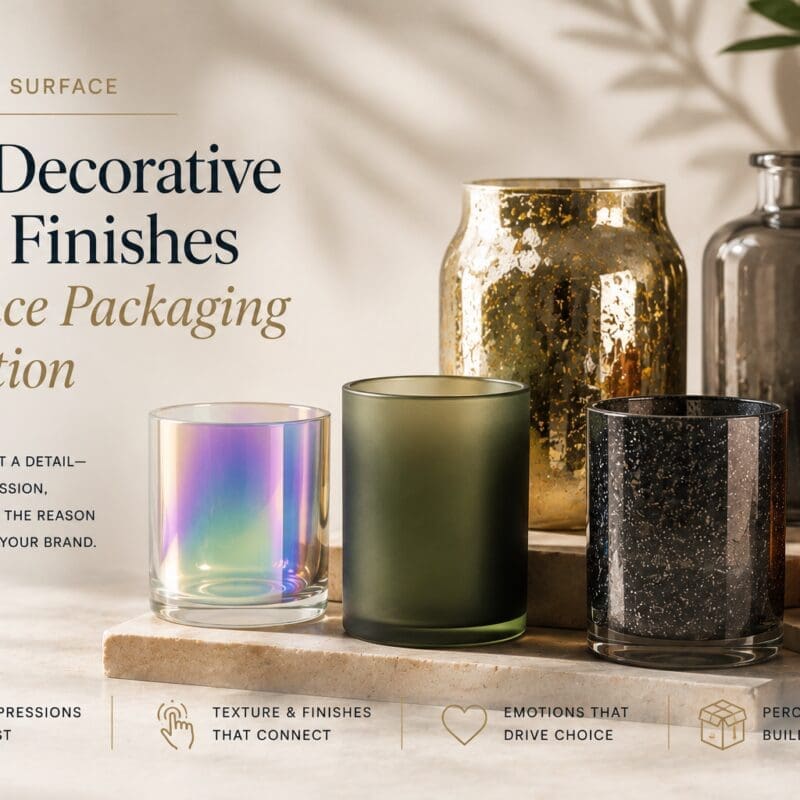 Collection of decoratively finished glass containers and bottles displaying various finishes including iridescent, matte, speckled, and metallic coatings for premium packaging