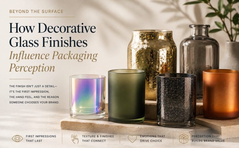 Collection of decoratively finished glass containers and bottles displaying various finishes including iridescent, matte, speckled, and metallic coatings for premium packaging