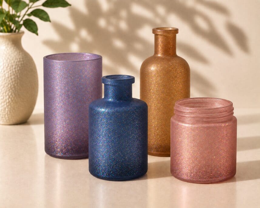 Four sparkly glitter-coated glass containers in purple, navy blue, bronze, and rose pink arranged on a beige surface with a potted plant and leaf shadow in background