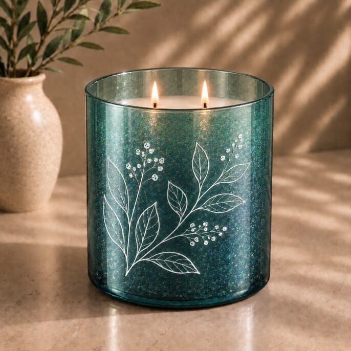Teal speckled glass candle jar with white botanical leaf design and two lit wicks, displayed beside a cream pottery vase with greenery on a neutral surface