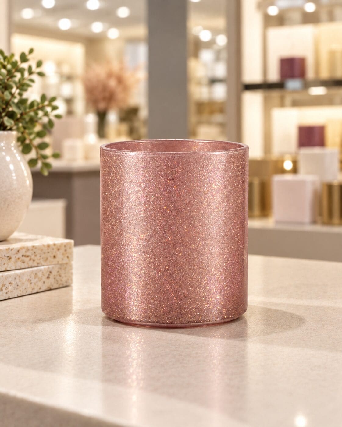 Rose gold glitter spray coated cylindrical candle jar displayed on marble counter in modern spa setting with decorative elements
