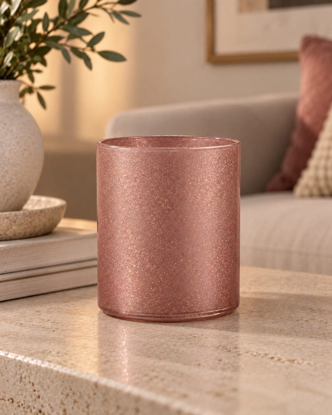 Rose gold glitter spray coated cylindrical glass candle jar on concrete surface with home décor styling