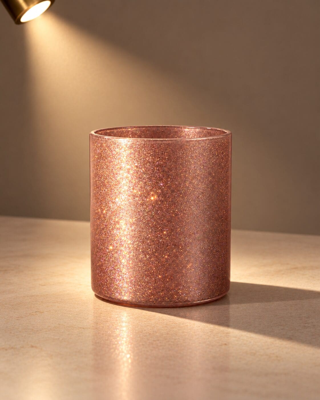Rose gold glitter-coated cylindrical glass container with spray coating, illuminated by warm spotlight against neutral background