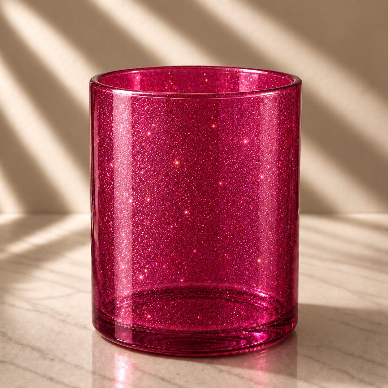 Fuchsia glitter-coated cylindrical glass jar with sparkly finish sitting on marble surface under natural sunlight