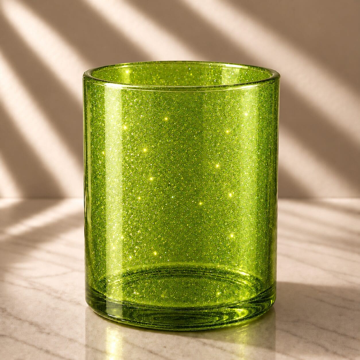 Lime green glitter-coated glass cylinder with spray coating and reflective sparkle finish on wooden surface under natural light