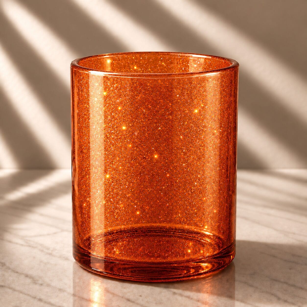 Copper glitter spray coated glass cylinder jar with reflective sparkle finish on marble surface with window light shadows