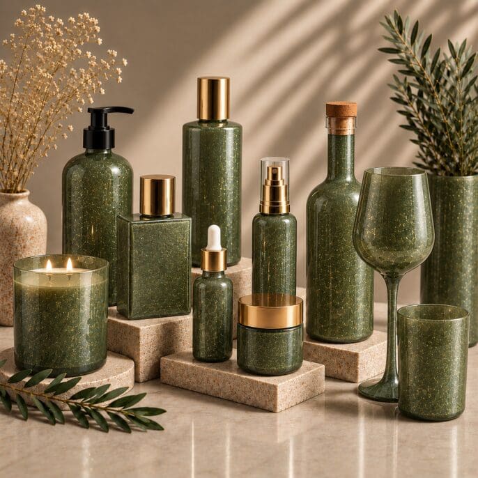Green speckled glass cosmetic and home décor bottles with gold accents, candles, and drinkware arranged with cork bases and dried botanicals on neutral background
