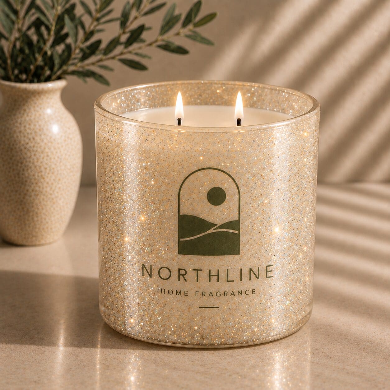 Glittery gold glass candle jar with two lit wicks, featuring Northline Home Fragrance logo and label, displayed next to a potted plant with green foliage