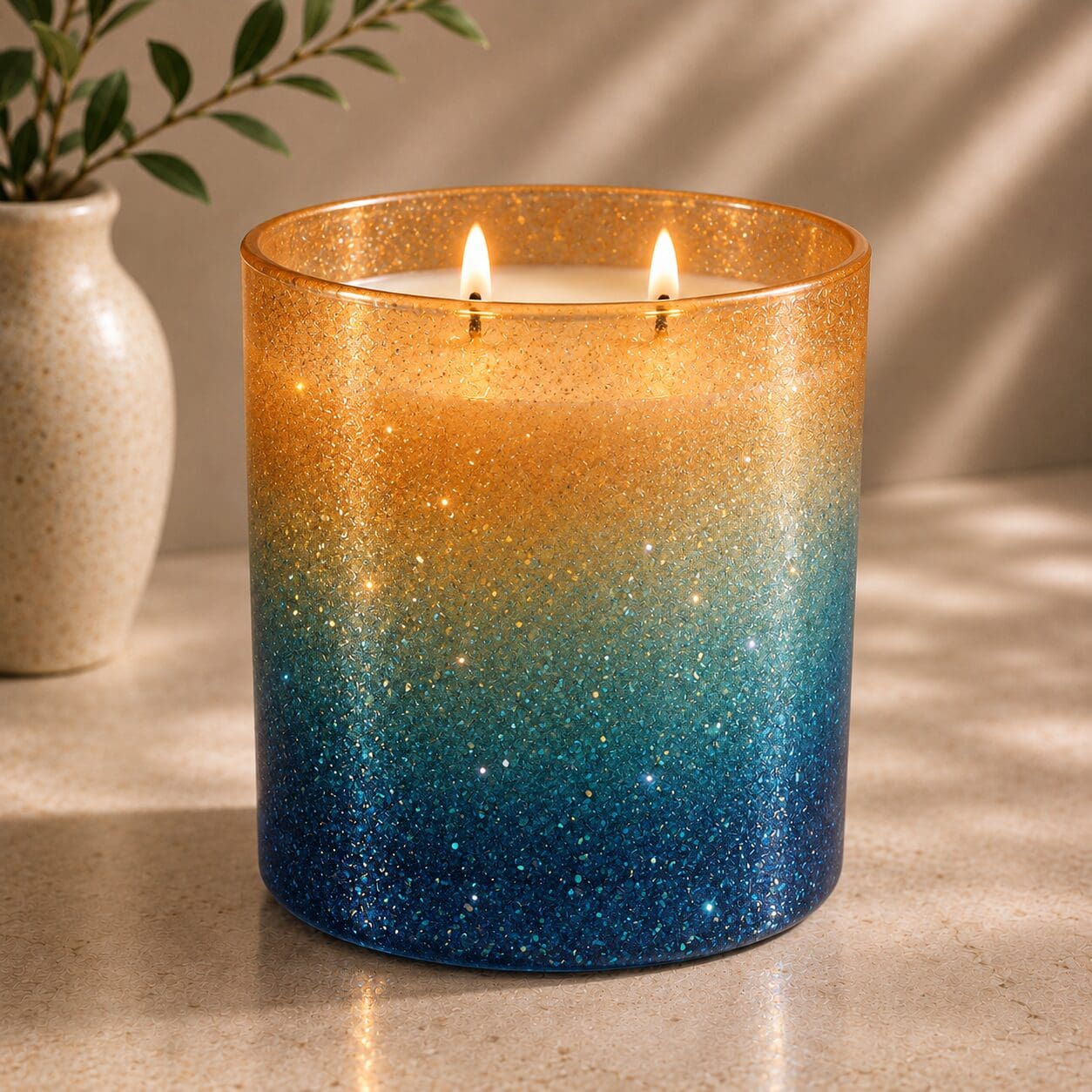 Glittery ombre candle jar with gold-to-teal gradient spray coating and two lit wicks, displayed on marble surface next to potted plant