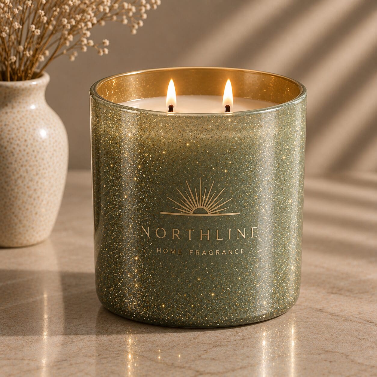Glittery gold glass candle jar with two lit flames, featuring "Northline Home Fragrance" branding and sunburst logo, displayed next to a cream ceramic vase with dried flowers