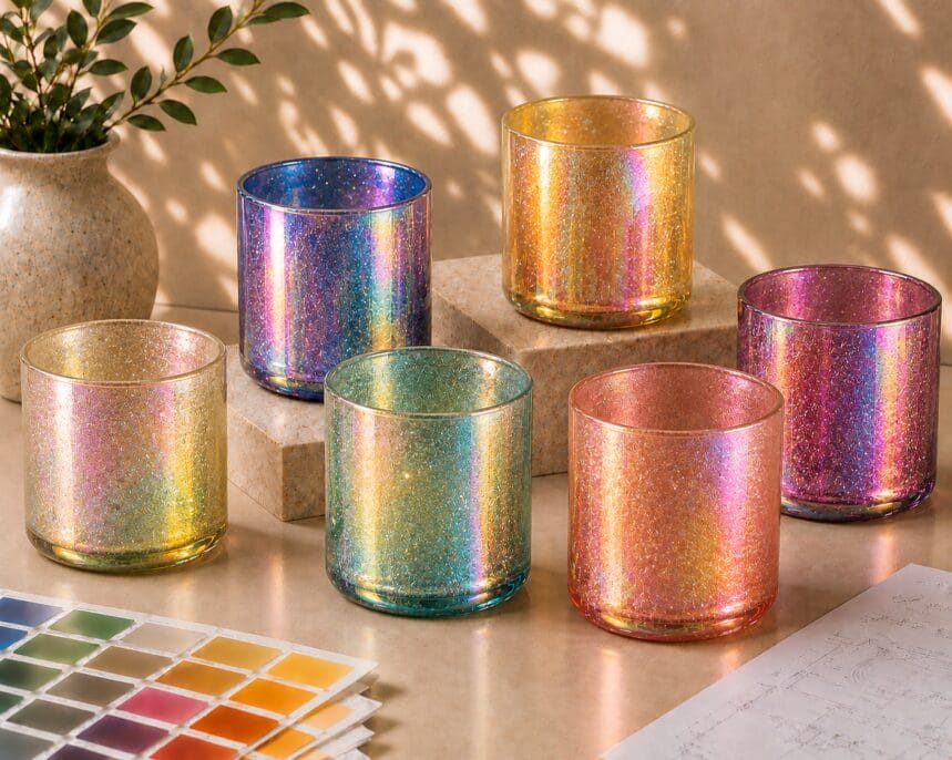 Six iridescent glitter-coated glass cylinders in multicolored holographic finishes displayed on a neutral surface with a potted plant, color swatches, and design sketches, showcasing decorative glass spray coating and candle jar customization options