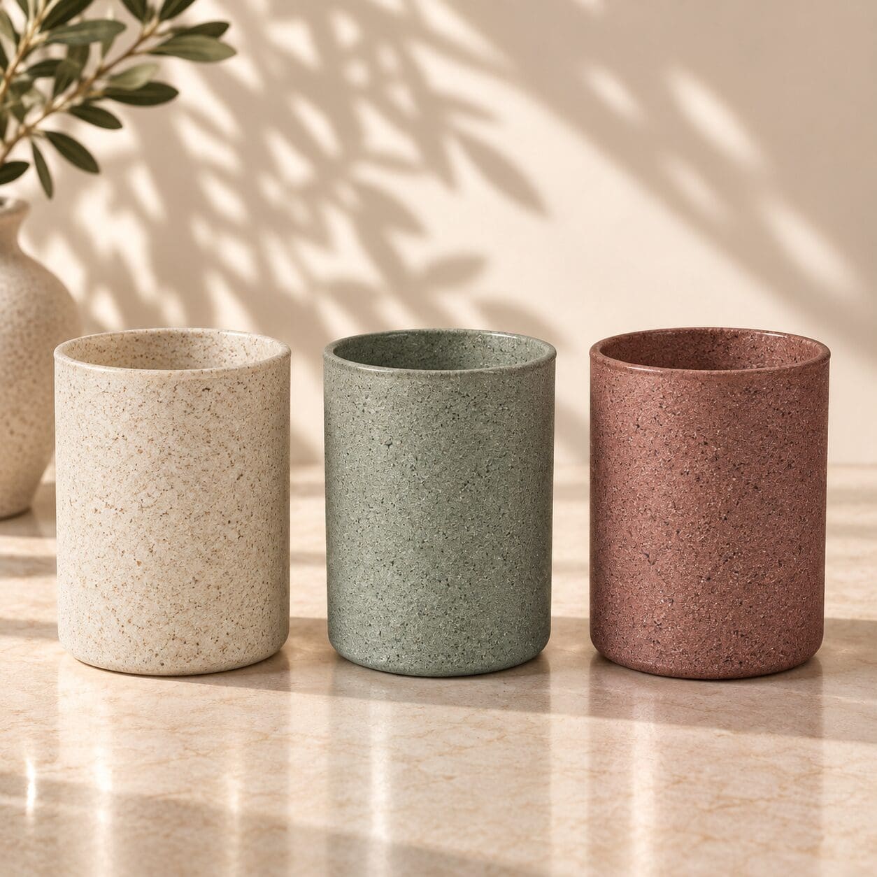 Three textured ceramic cylindrical vessels in cream, sage green, and terracotta finishes arranged on a marble surface with plant shadows and greenery in background