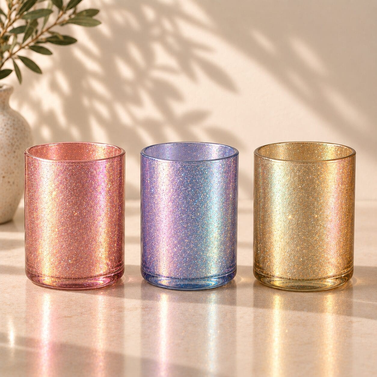 Three spray coated glitter glass jars in rose gold, purple, and champagne finishes displayed on a marble surface with plant shadows and greenery in background