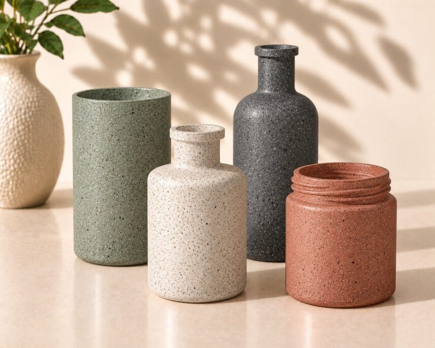 Five speckled ceramic and glass vessels in earth tones arranged on a neutral surface with plant shadows, showcasing candle jar and bottle decorating styles