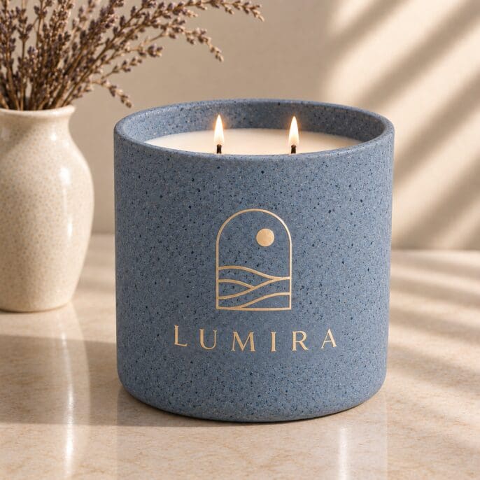 Blue speckled ceramic candle jar with gold 