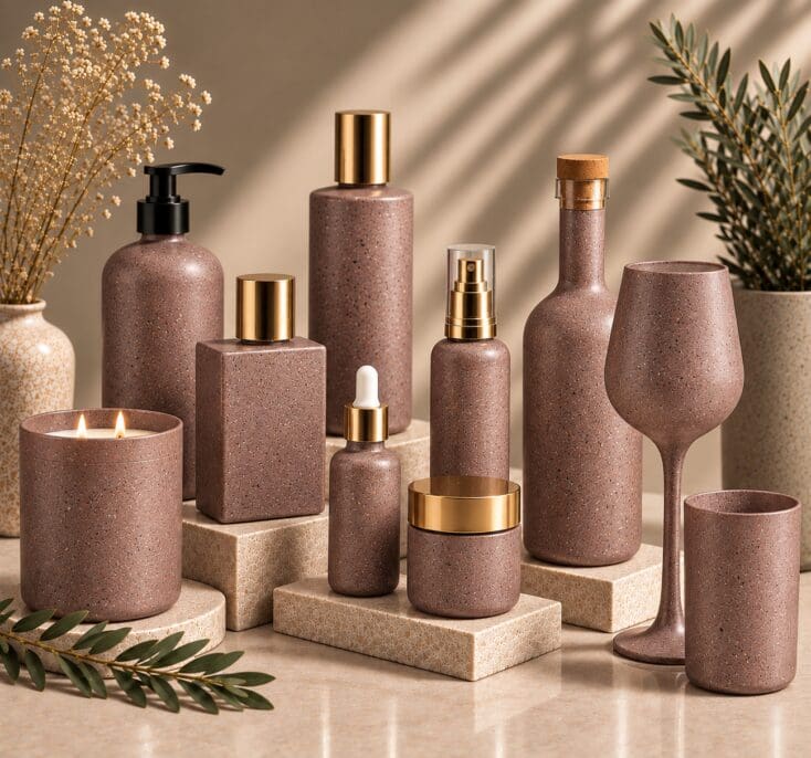Luxury spa collection with spray coated brown speckled glass bottles, jars, and drinkware featuring gold accents, displayed with dried flowers and greenery on neutral pedestals
