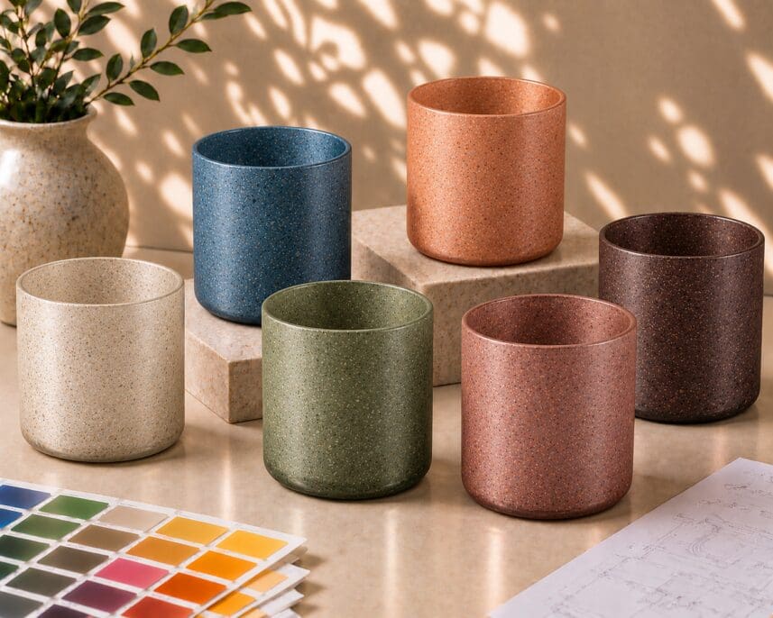 Six speckled ceramic cylinders in cream, blue, green, terracotta, rose, and brown arranged on a surface with a color palette and plant, showcasing decorative spray coating finishes for candle jars and drinkware