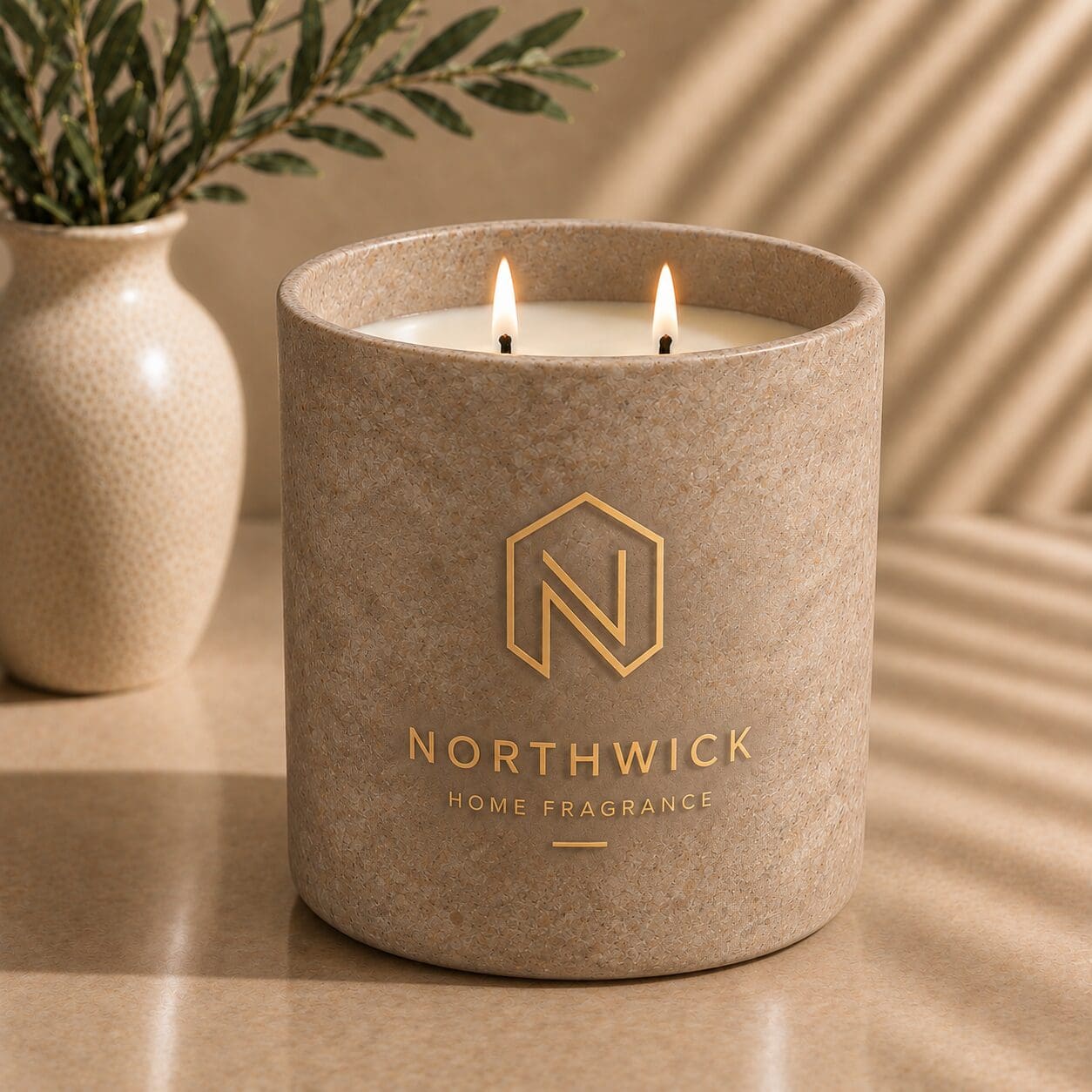 Beige ceramic candle with dual flames and gold "Northwick Home Fragrance" logo and geometric N design, styled with a cream vase and greenery on a neutral surface